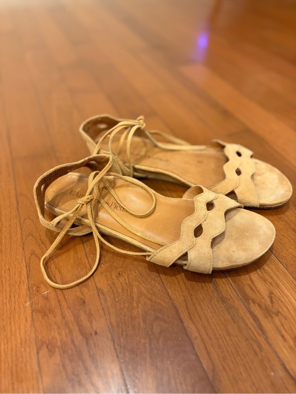 L’Amour Des Pieds | Scalloped Ankle Lace-Up Suede Sandals in Tan